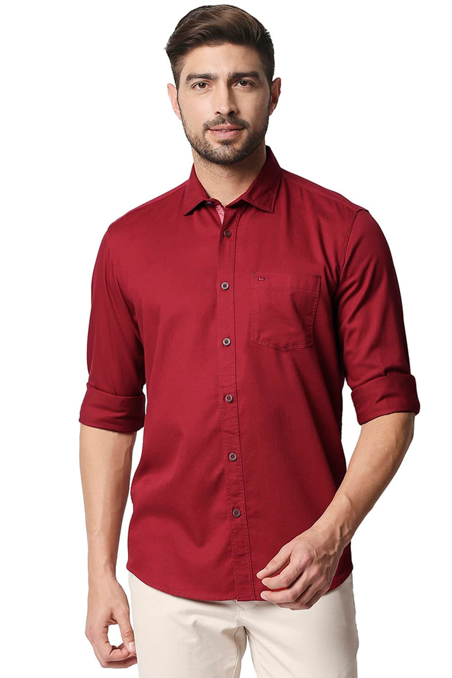 BASICS SLIM FIT RED DAHILA HERRINGBONE SHIRT