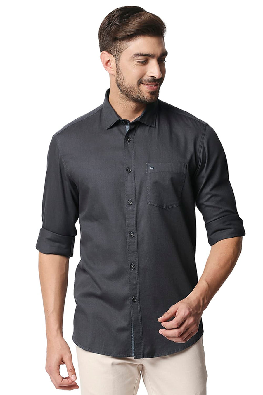 BASICS SLIM FIT PEAT GREY HERRINGBONE SHIRT