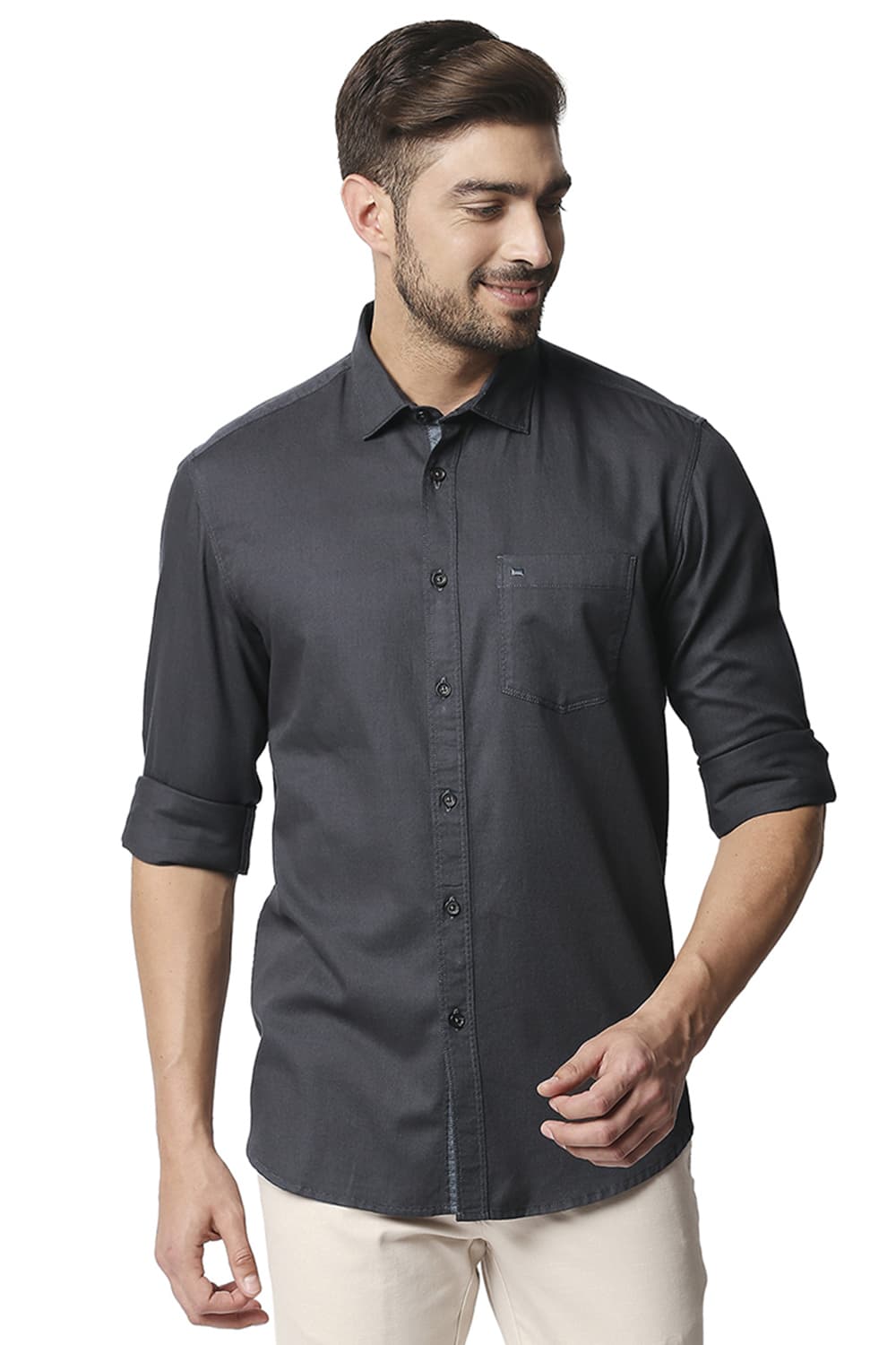 BASICS SLIM FIT HERRINGBONE SHIRT