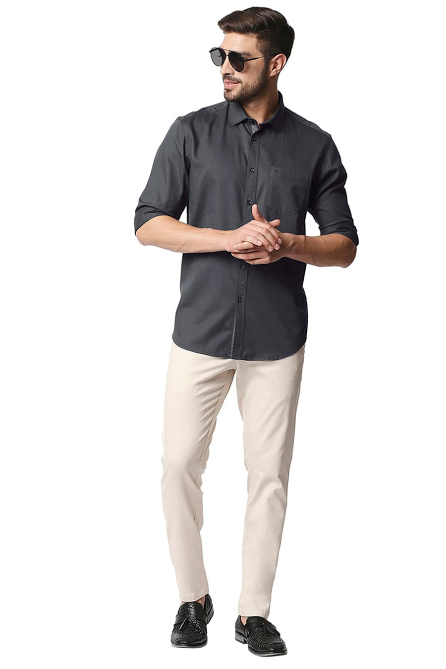 BASICS SLIM FIT PEAT GREY HERRINGBONE SHIRT