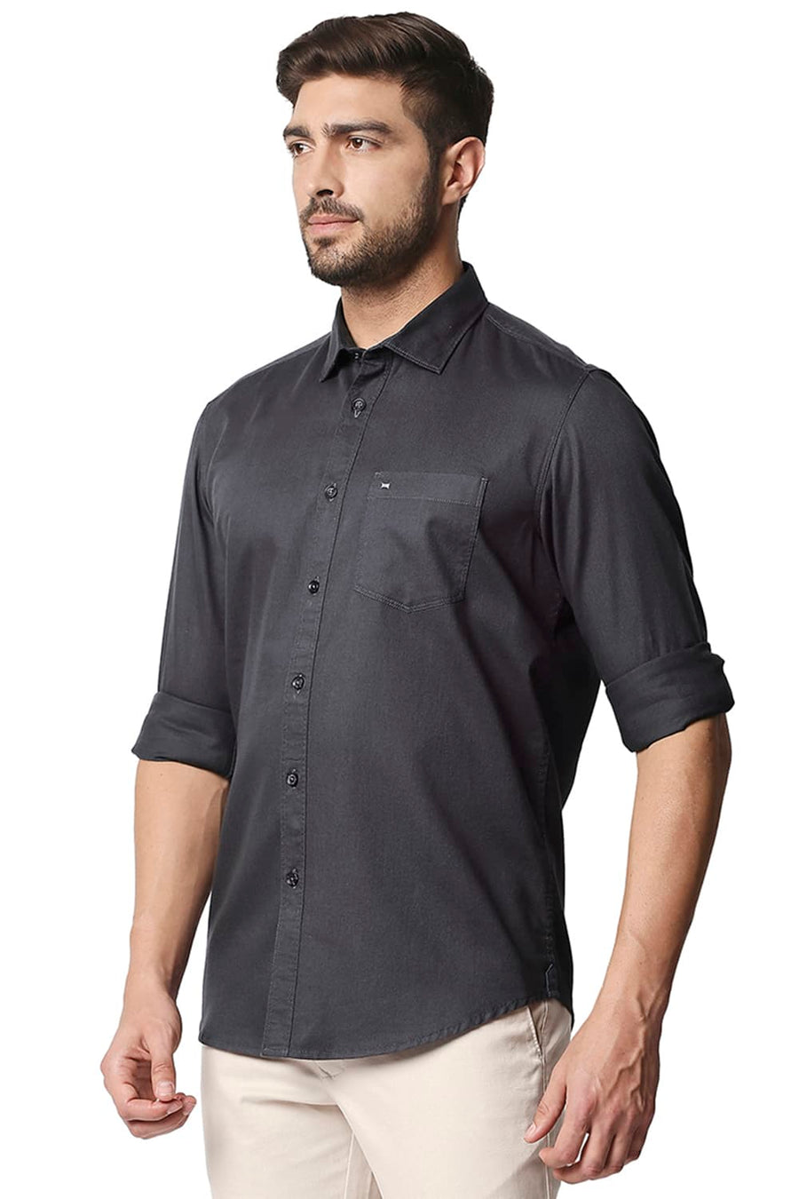 BASICS SLIM FIT PEAT GREY HERRINGBONE SHIRT