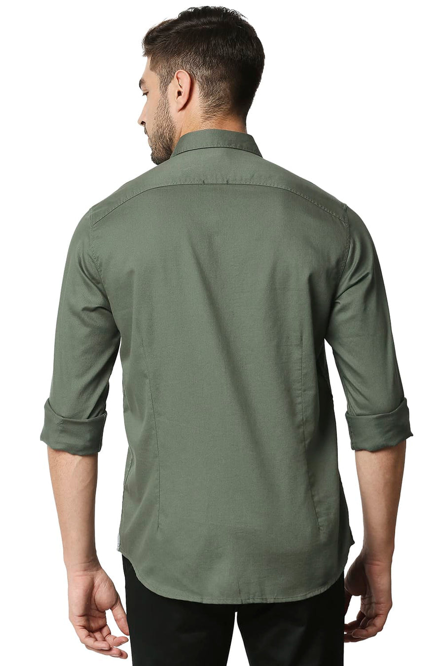 BASICS SLIM FIT OLIVINE GREEN HERRINGBONE SHIRT