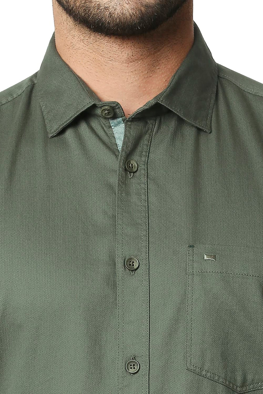 BASICS SLIM FIT OLIVINE GREEN HERRINGBONE SHIRT
