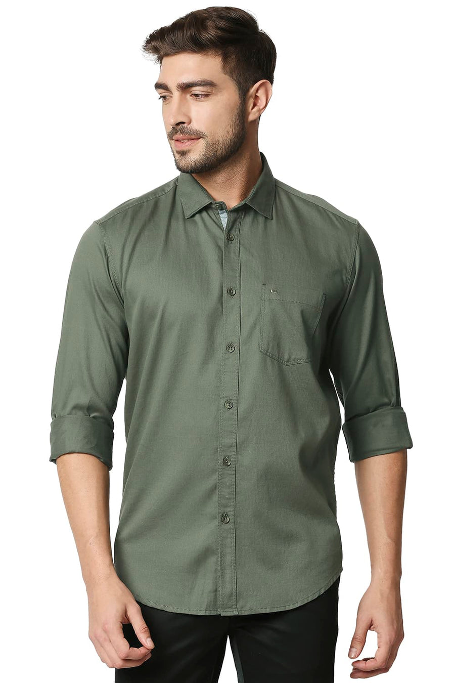 BASICS SLIM FIT OLIVINE GREEN HERRINGBONE SHIRT