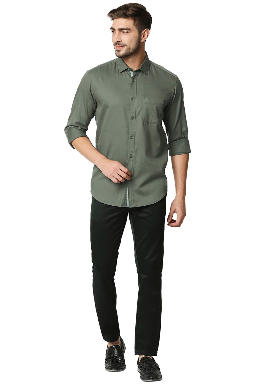 BASICS SLIM FIT OLIVINE GREEN HERRINGBONE SHIRT