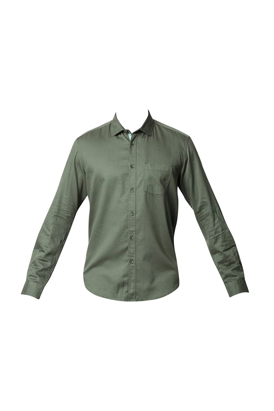 BASICS SLIM FIT OLIVINE GREEN HERRINGBONE SHIRT