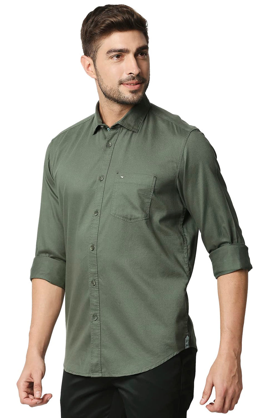 BASICS SLIM FIT OLIVINE GREEN HERRINGBONE SHIRT
