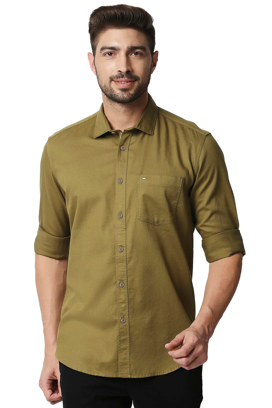 BASICS SLIM FIT TAPENADE KHAKI HERRINGBONE SHIRT