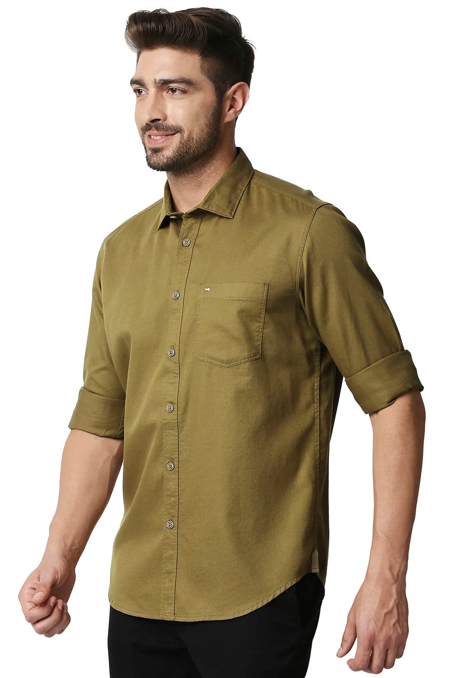 BASICS SLIM FIT TAPENADE KHAKI HERRINGBONE SHIRT