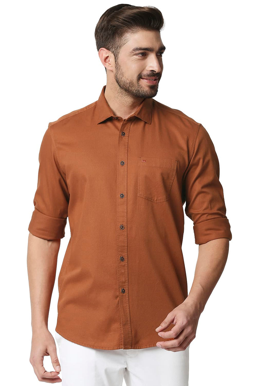 BASICS SLIM FIT RUST ORANGE HERRINGBONE SHIRT