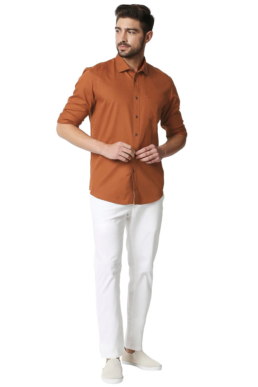 BASICS SLIM FIT RUST ORANGE HERRINGBONE SHIRT