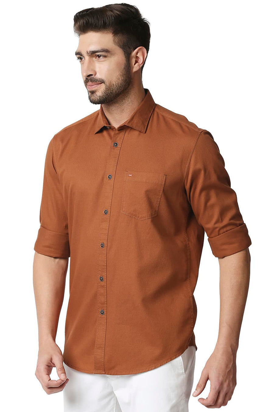 BASICS SLIM FIT RUST ORANGE HERRINGBONE SHIRT