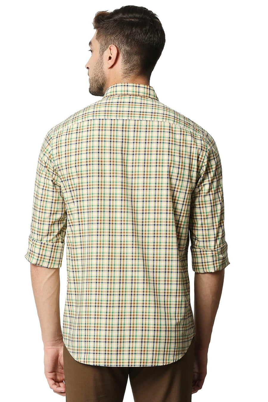 BASICS SLIM FIT STRAW BEIGE CHECKS SHIRT