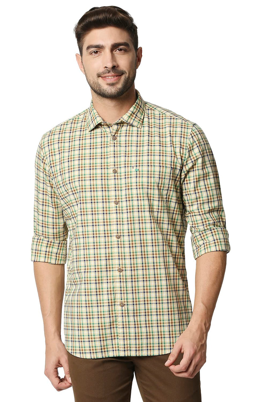 BASICS SLIM FIT STRAW BEIGE CHECKS SHIRT