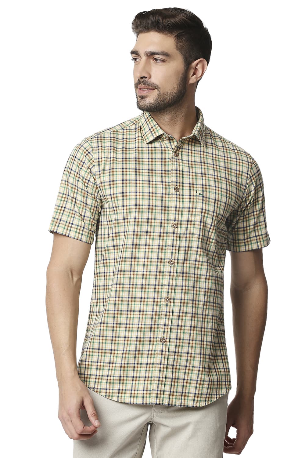 BASICS SLIM FIT CHECKS HALFSLEEVES SHIRT