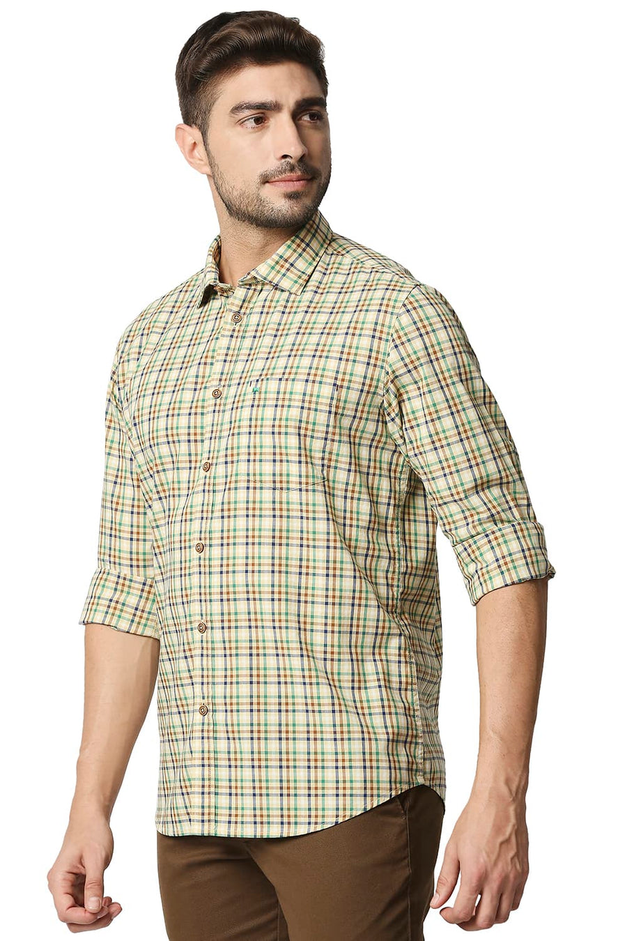 BASICS SLIM FIT STRAW BEIGE CHECKS SHIRT