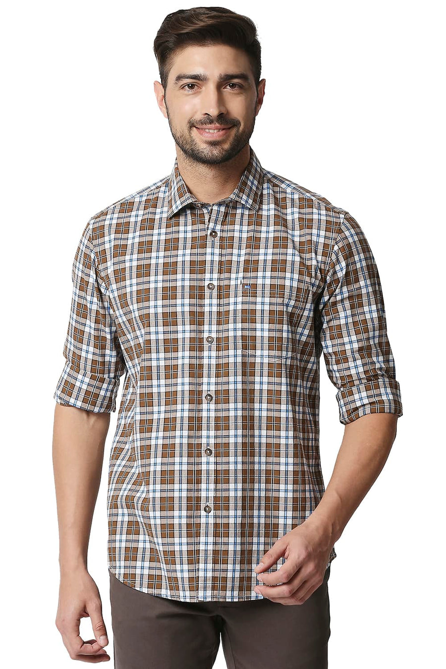 BASICS SLIM FIT SEPIA KHAKI CHECKS SHIRT