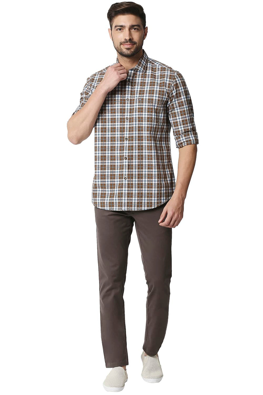 BASICS SLIM FIT SEPIA KHAKI CHECKS SHIRT