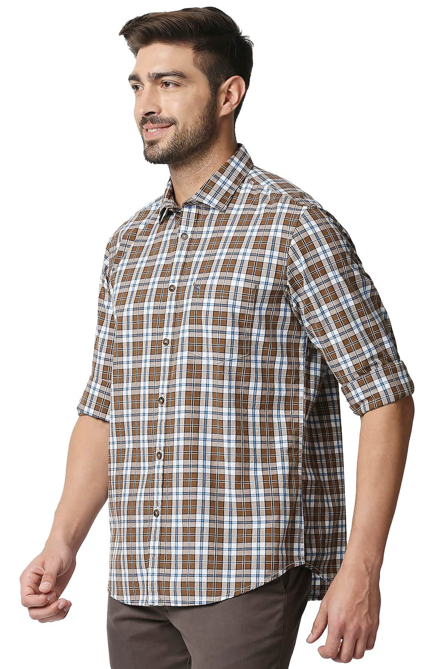 BASICS SLIM FIT SEPIA KHAKI CHECKS SHIRT