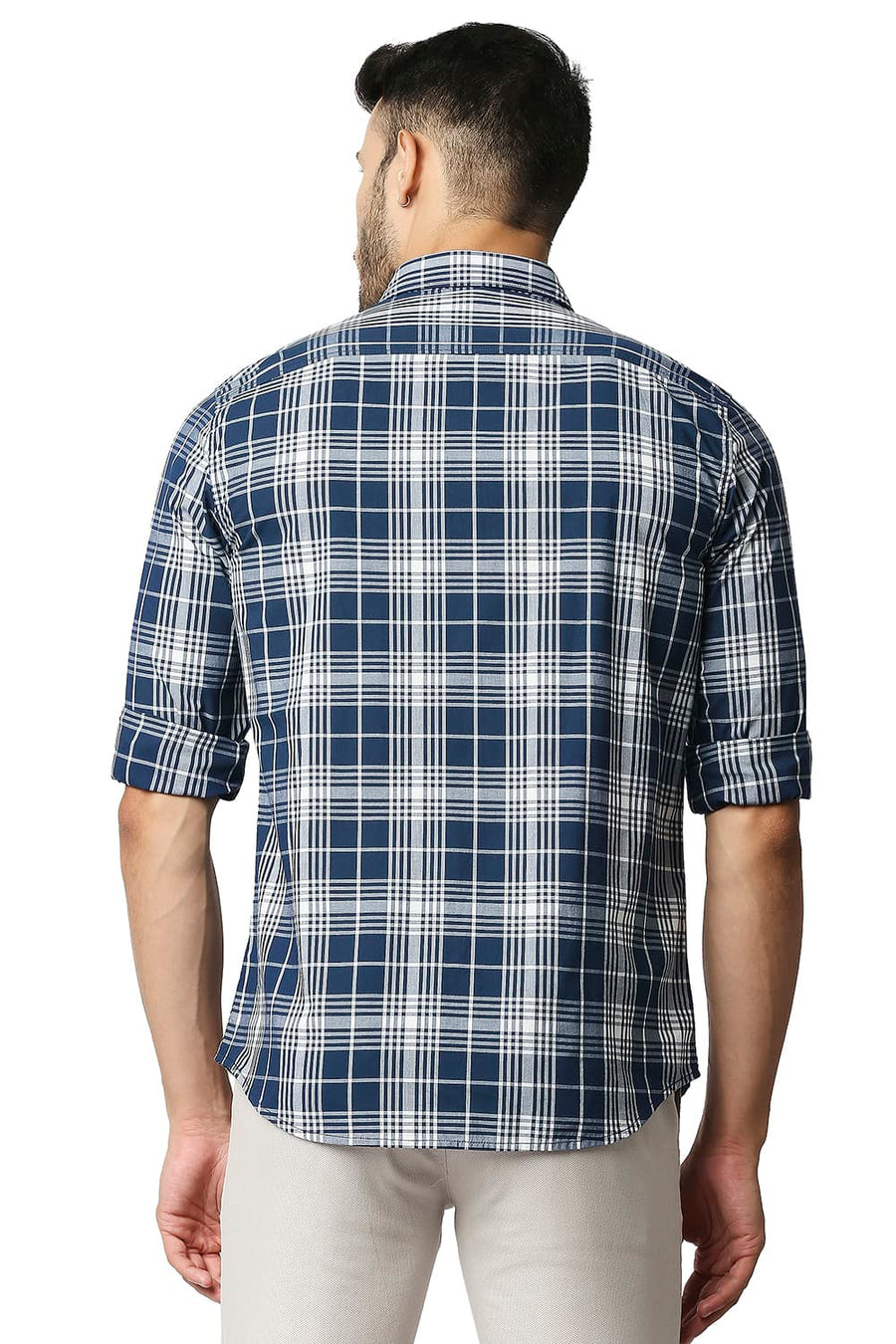 BASICS SLIM FIT POSEIDAN NAVY COTTON CHECKS SHIRT