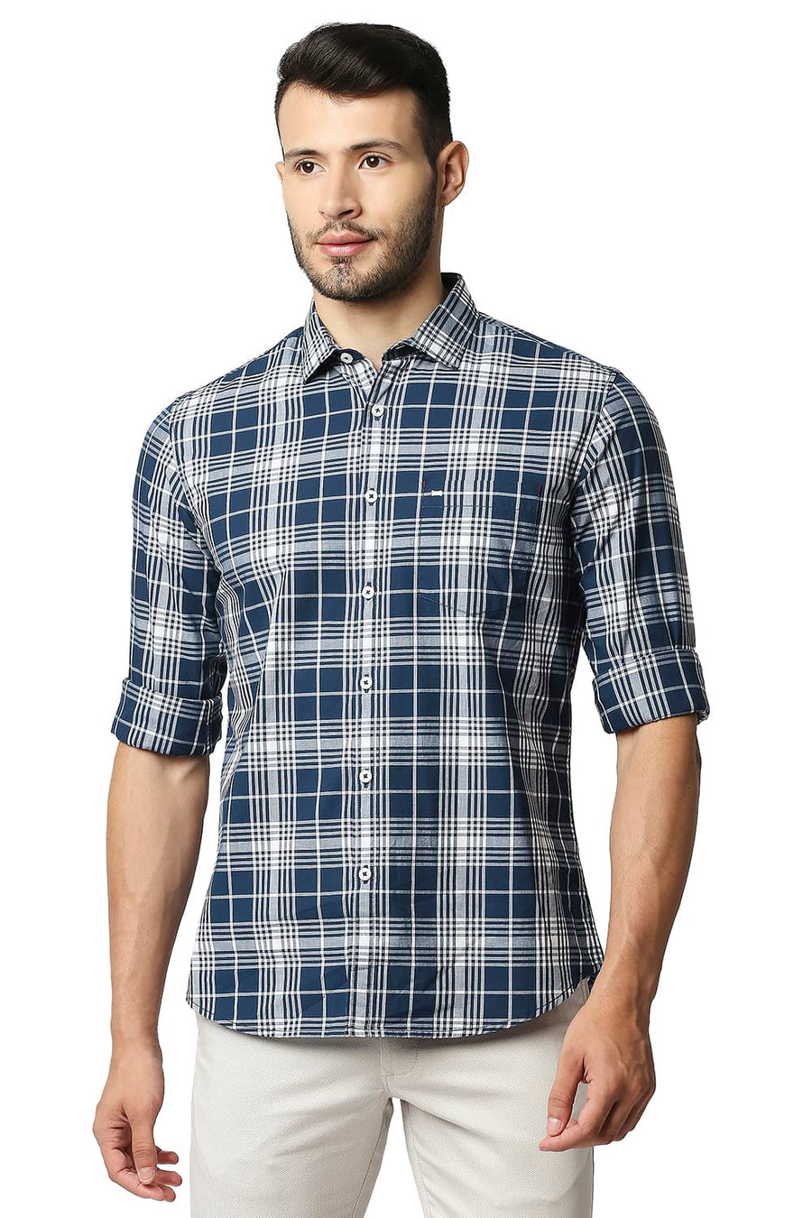 BASICS SLIM FIT POSEIDAN NAVY COTTON CHECKS SHIRT