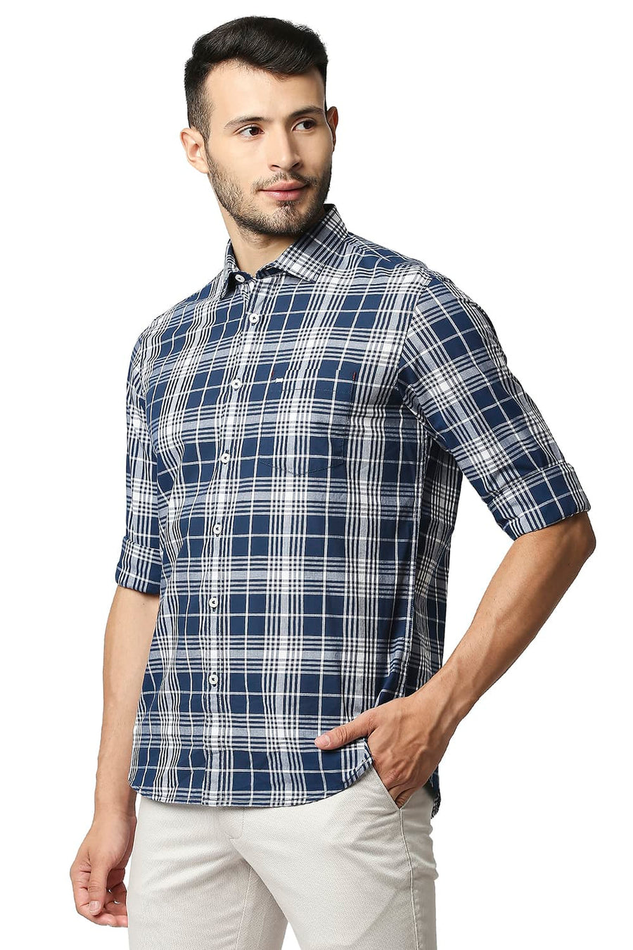 BASICS SLIM FIT POSEIDAN NAVY COTTON CHECKS SHIRT