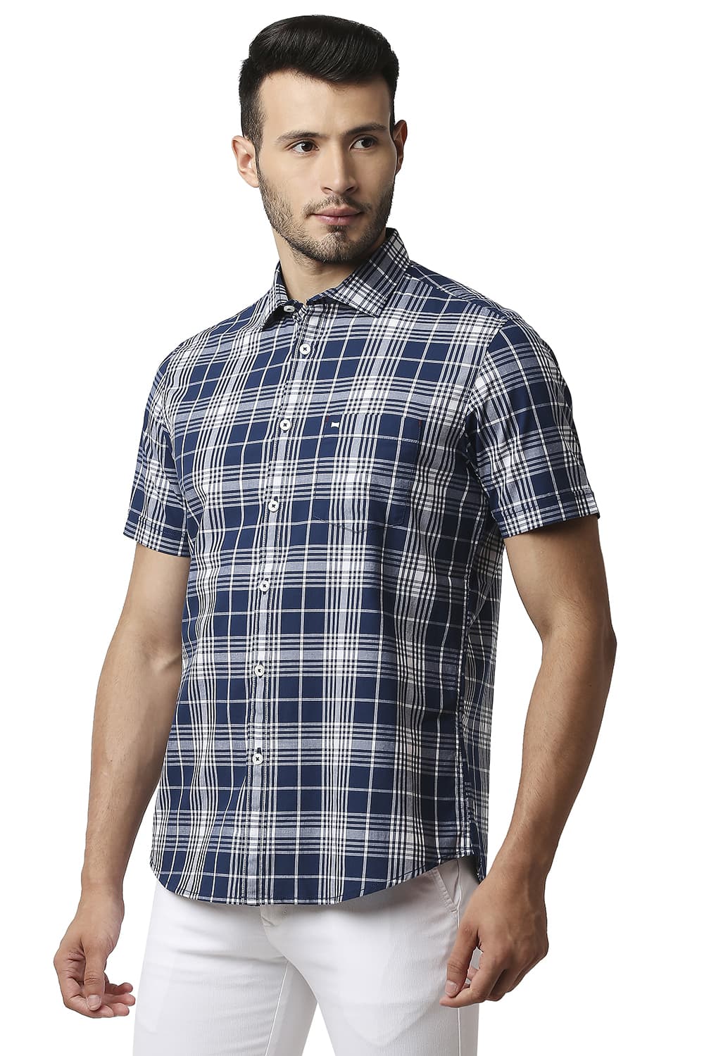 BASICS SLIM FIT COTTON CHECKS HALFSLEEVES SHIRT