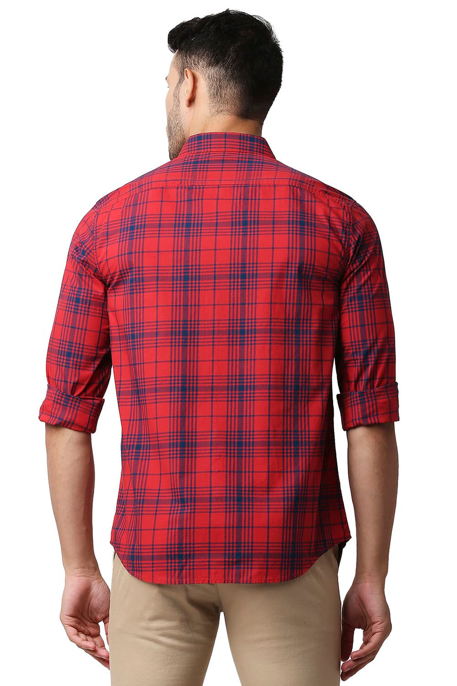 BASICS SLIM FIT FIERY RED COTTON CHECKS SHIRT