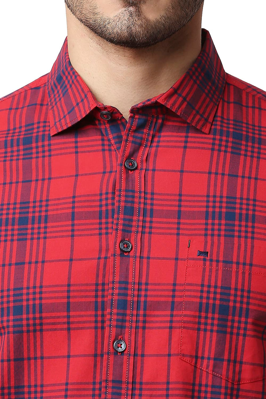 BASICS SLIM FIT FIERY RED COTTON CHECKS SHIRT
