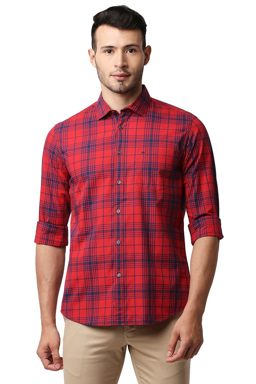 BASICS SLIM FIT FIERY RED COTTON CHECKS SHIRT