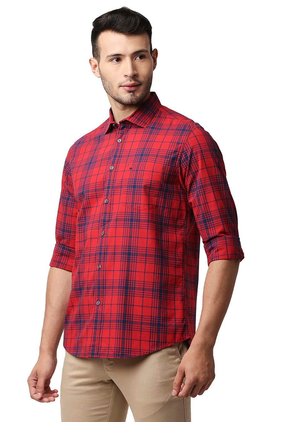 BASICS SLIM FIT FIERY RED COTTON CHECKS SHIRT