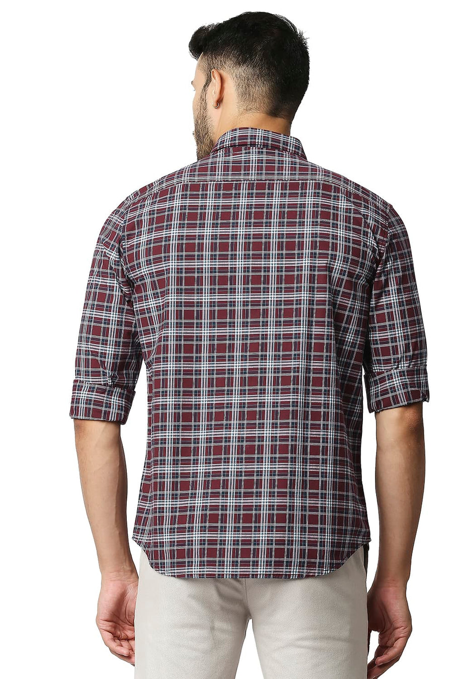 BASICS SLIM FIT RUBY MAROON COTTON CHECKS SHIRT