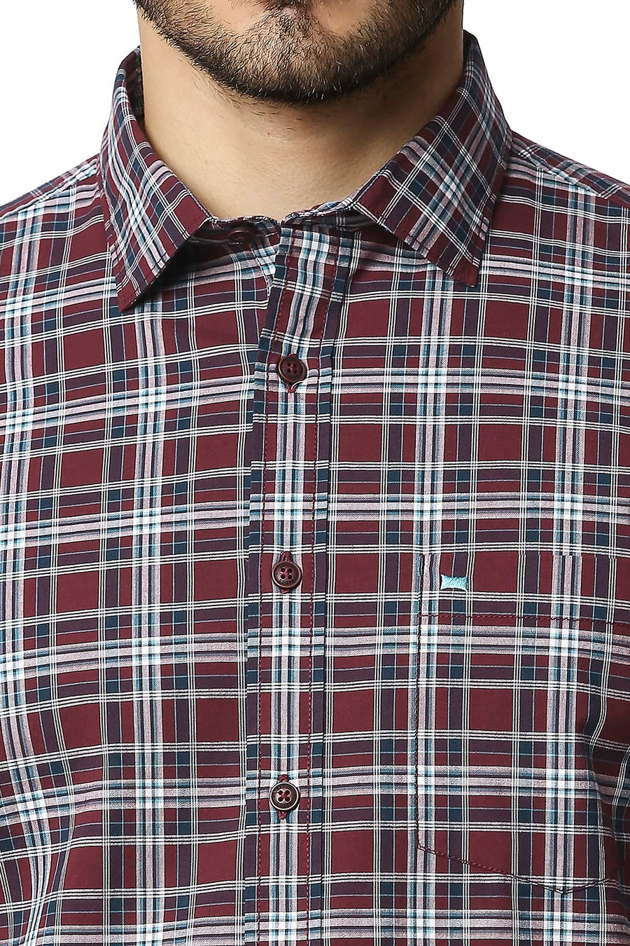 BASICS SLIM FIT RUBY MAROON COTTON CHECKS SHIRT
