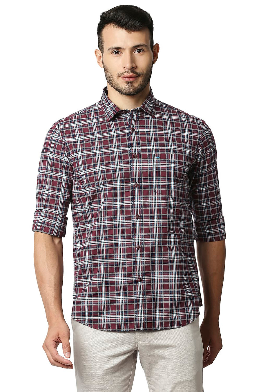 BASICS SLIM FIT RUBY MAROON COTTON CHECKS SHIRT