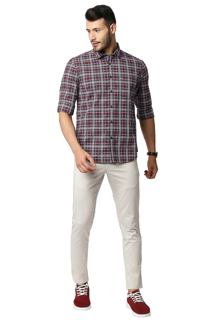 BASICS SLIM FIT RUBY MAROON COTTON CHECKS SHIRT