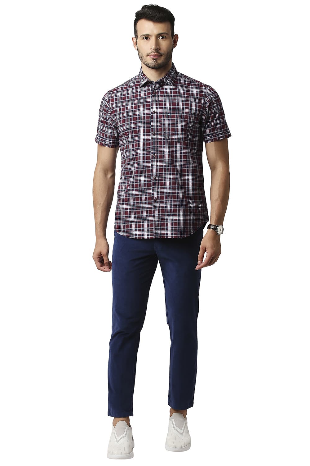 BASICS SLIM FIT COTTON CHECKS HALFSLEEVES SHIRT