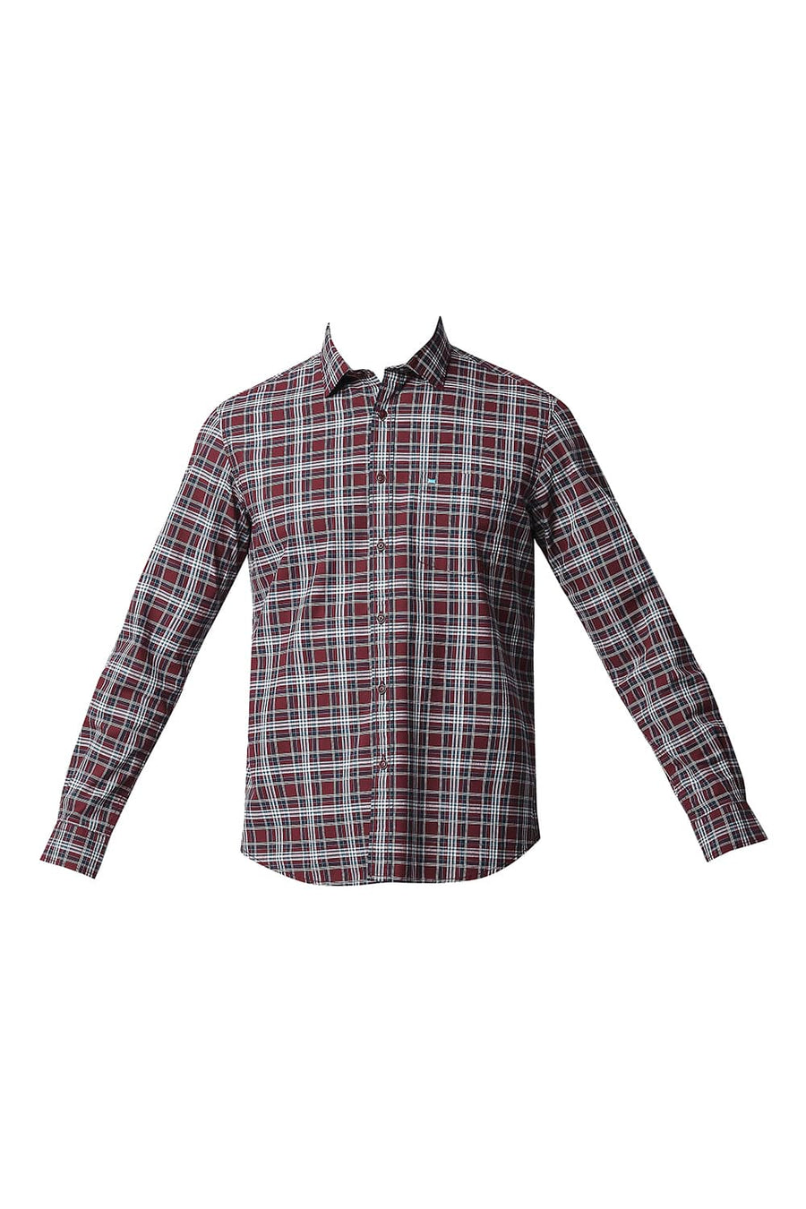 BASICS SLIM FIT RUBY MAROON COTTON CHECKS SHIRT
