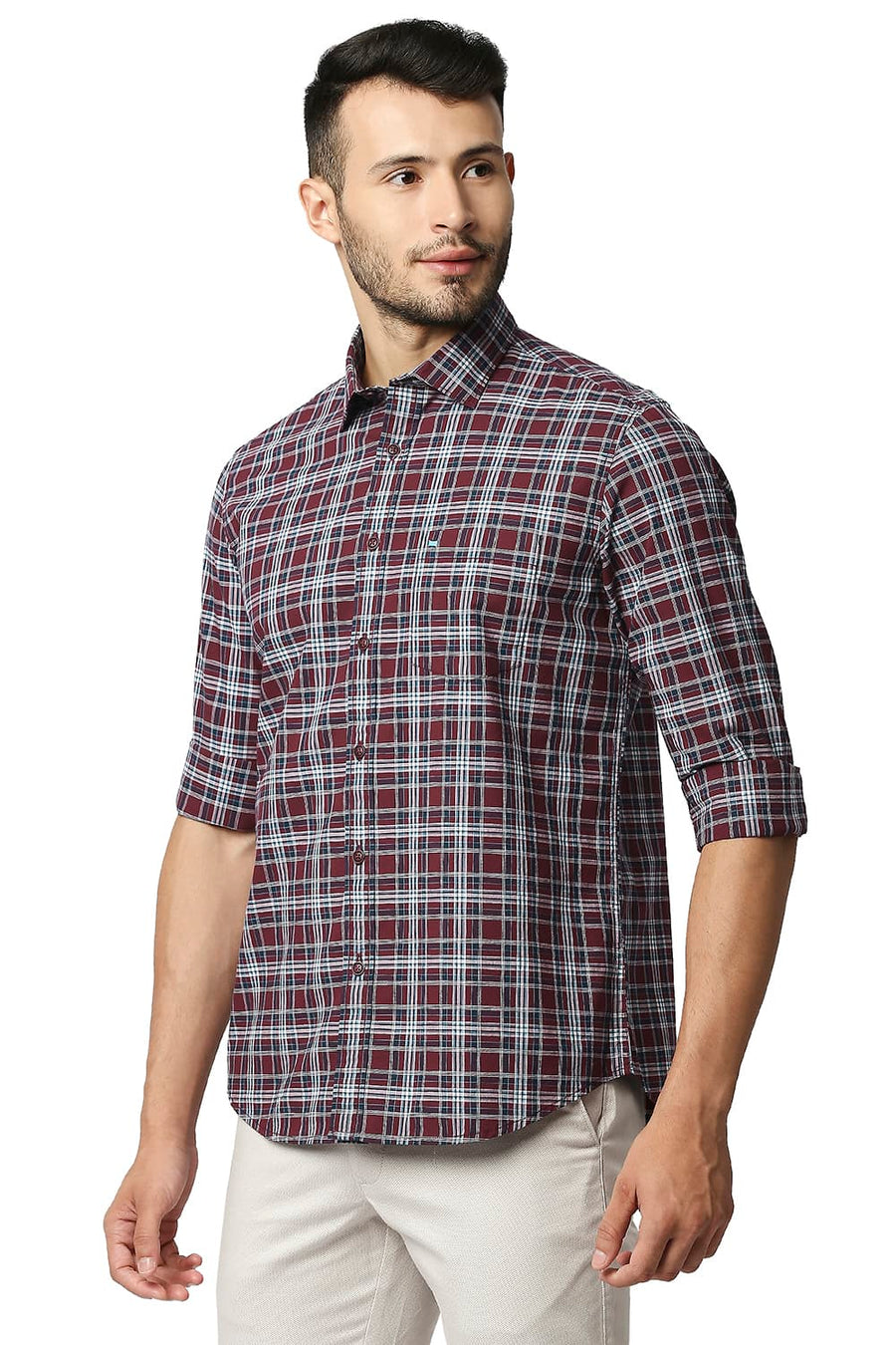BASICS SLIM FIT RUBY MAROON COTTON CHECKS SHIRT