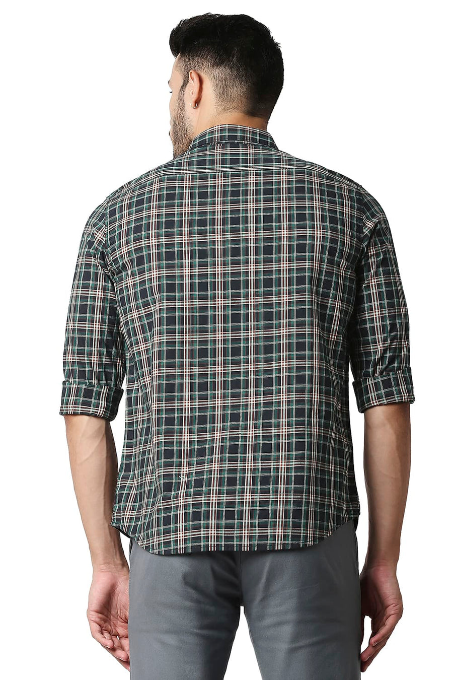 BASICS SLIM FIT SPRUCE GREEN COTTON CHECKS SHIRT
