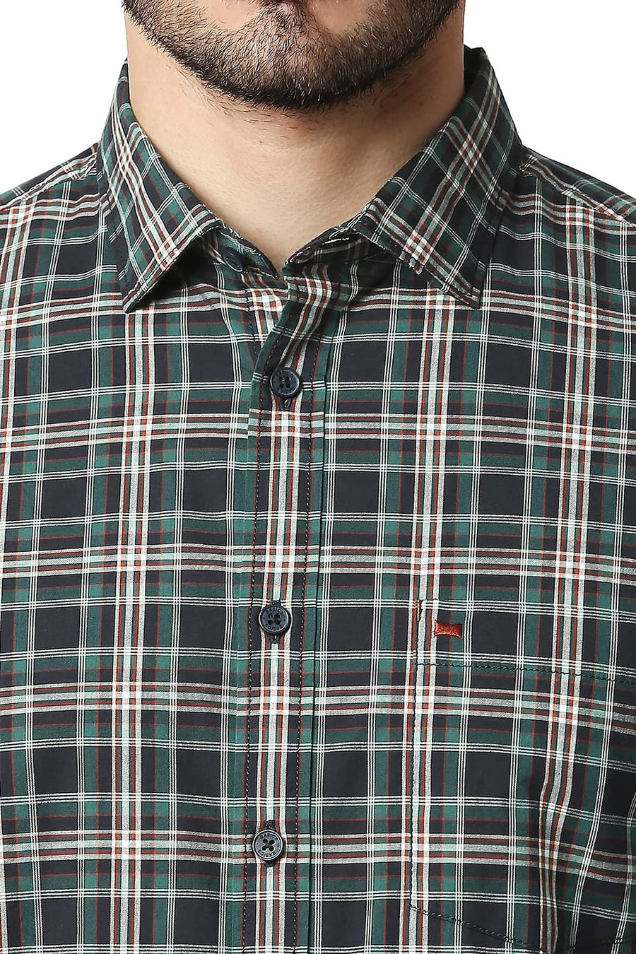 BASICS SLIM FIT SPRUCE GREEN COTTON CHECKS SHIRT