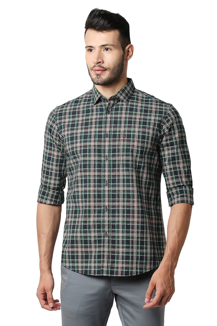 BASICS SLIM FIT SPRUCE GREEN COTTON CHECKS SHIRT