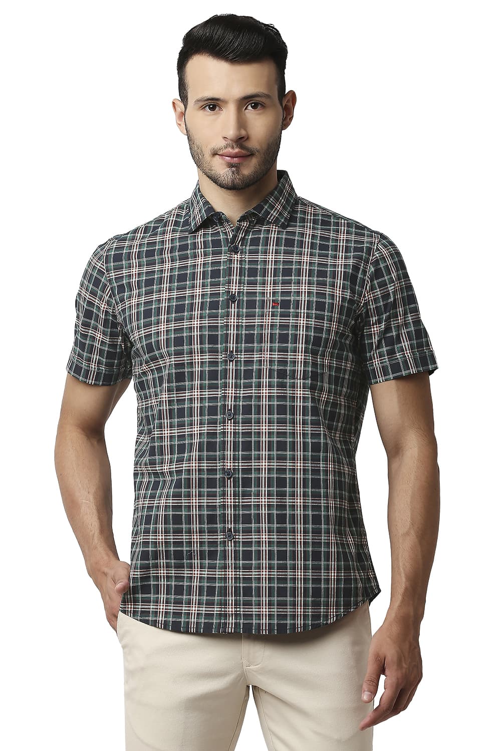 BASICS SLIM FIT COTTON CHECKS HALFSLEEVES SHIRT