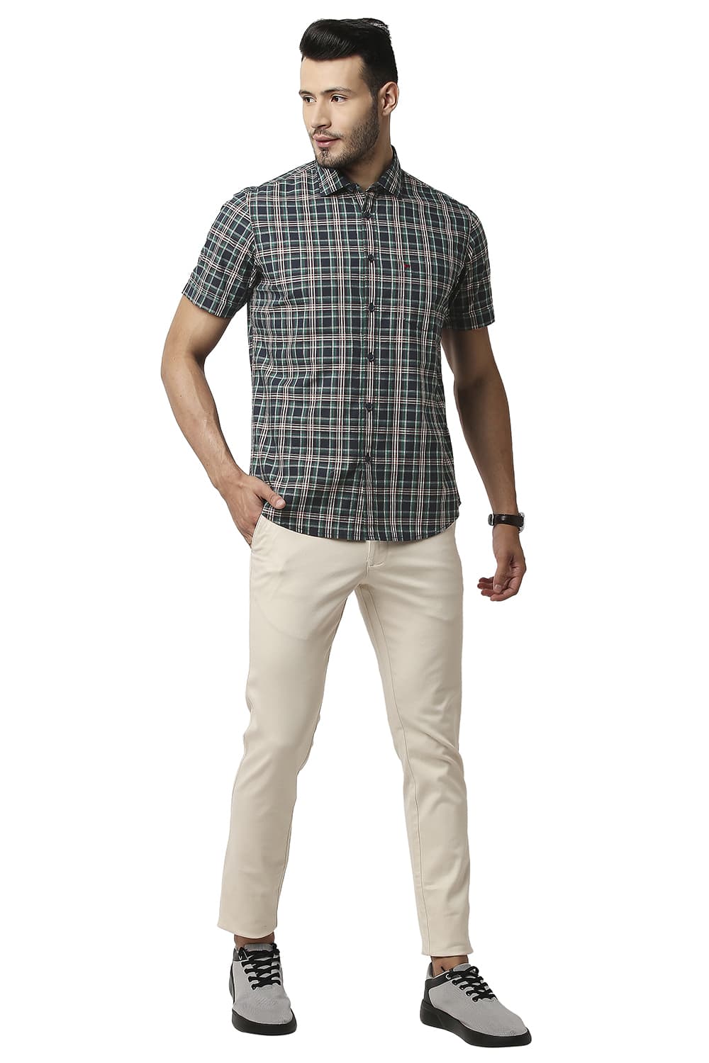 BASICS SLIM FIT COTTON CHECKS HALFSLEEVES SHIRT