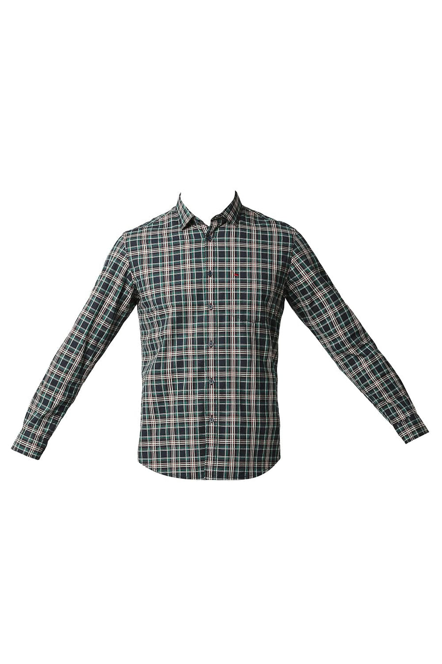 BASICS SLIM FIT SPRUCE GREEN COTTON CHECKS SHIRT