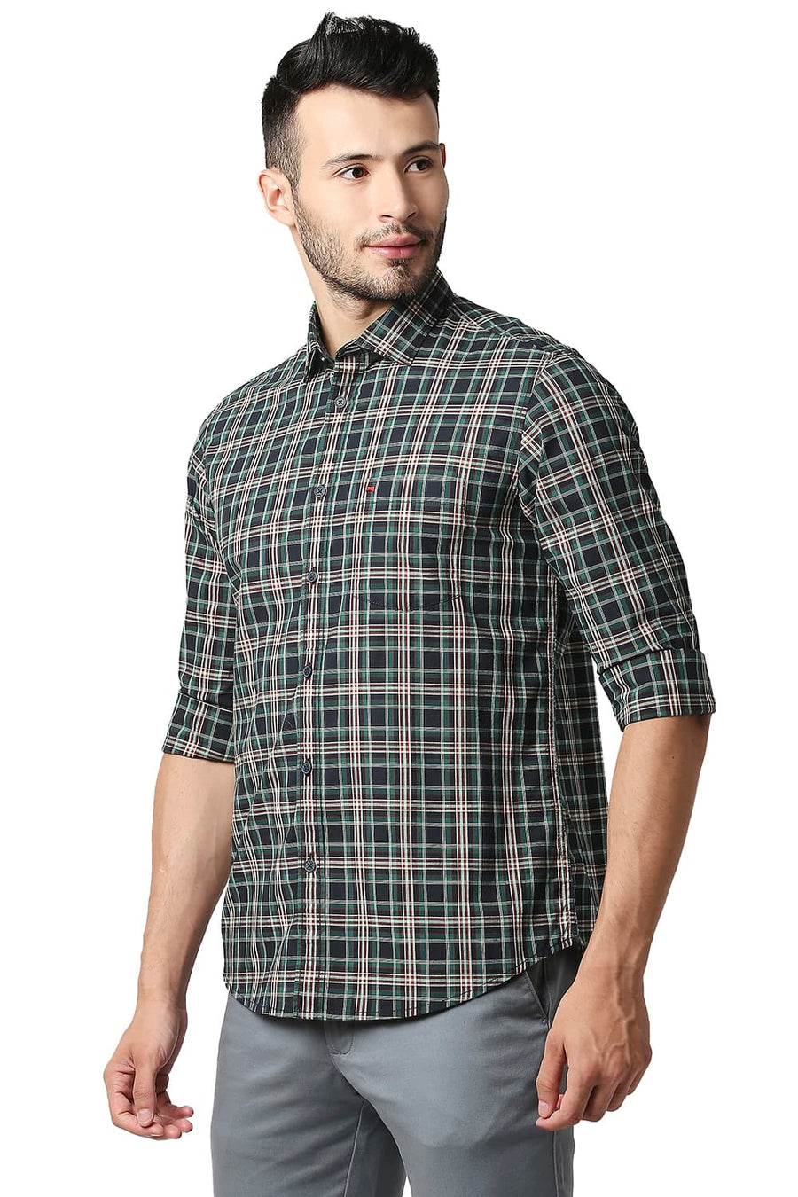 BASICS SLIM FIT SPRUCE GREEN COTTON CHECKS SHIRT