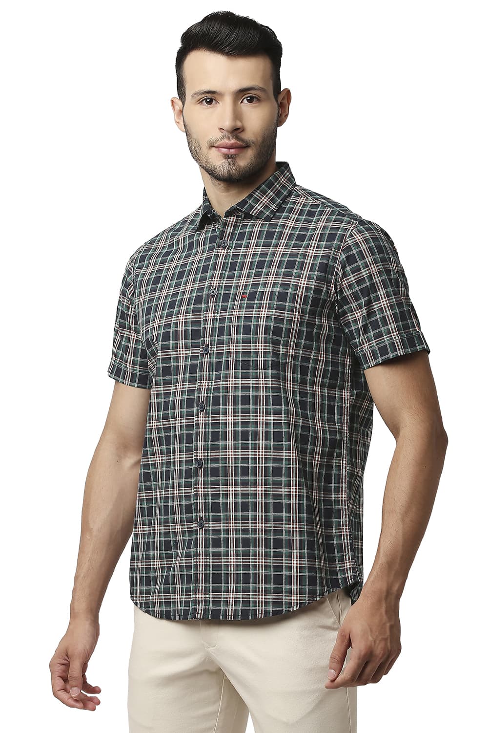 BASICS SLIM FIT COTTON CHECKS HALFSLEEVES SHIRT