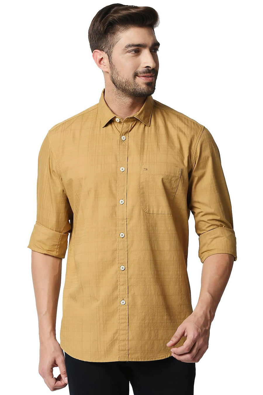 BASICS SLIM FIT CUMIN KHAKI DOBBY CHECKS SHIRT