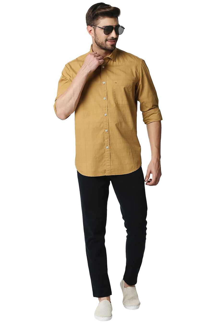 BASICS SLIM FIT CUMIN KHAKI DOBBY CHECKS SHIRT