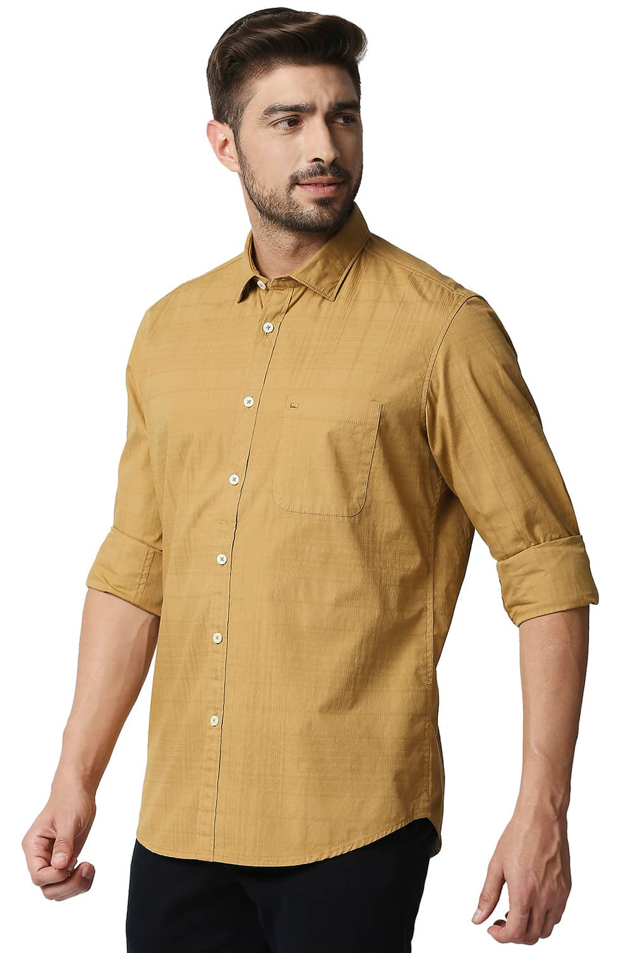 BASICS SLIM FIT CUMIN KHAKI DOBBY CHECKS SHIRT