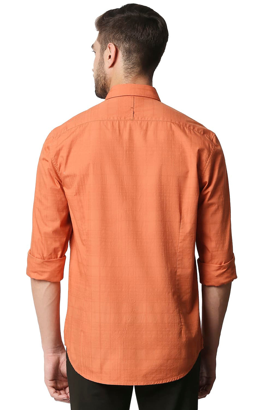 BASICS SLIM FIT PHEASANT ORANGE DOBBY CHECKS SHIRT